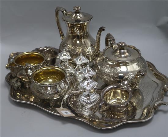 A silver plated tea set, tray, etc